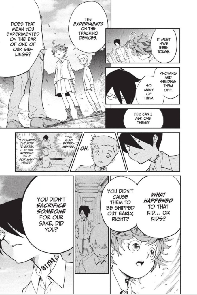 Emma asks Ray if he had experimented on and sacrificed any children to gain information on the tracking devices (The Promised Neverland Chapter 15 manga scan)