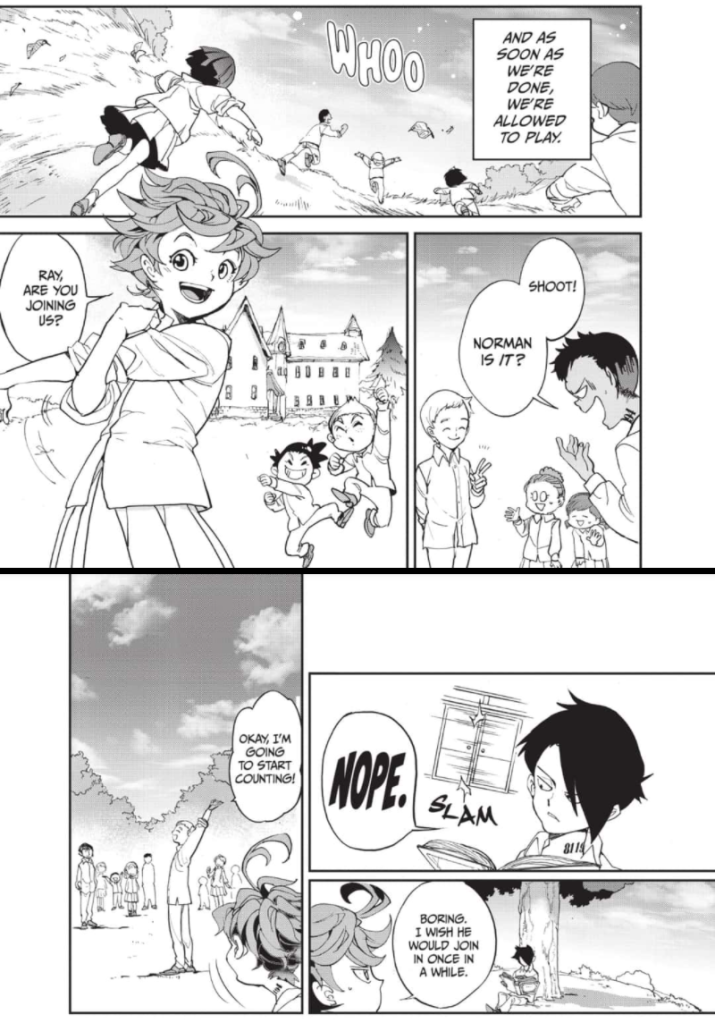 Ray turning down Emma's offer of playing tag with the other children (The Promised Neverland manga)